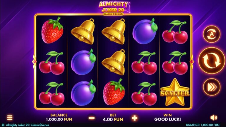 Almighty Joker 20 slot gameplay with fruit and Joker symbols