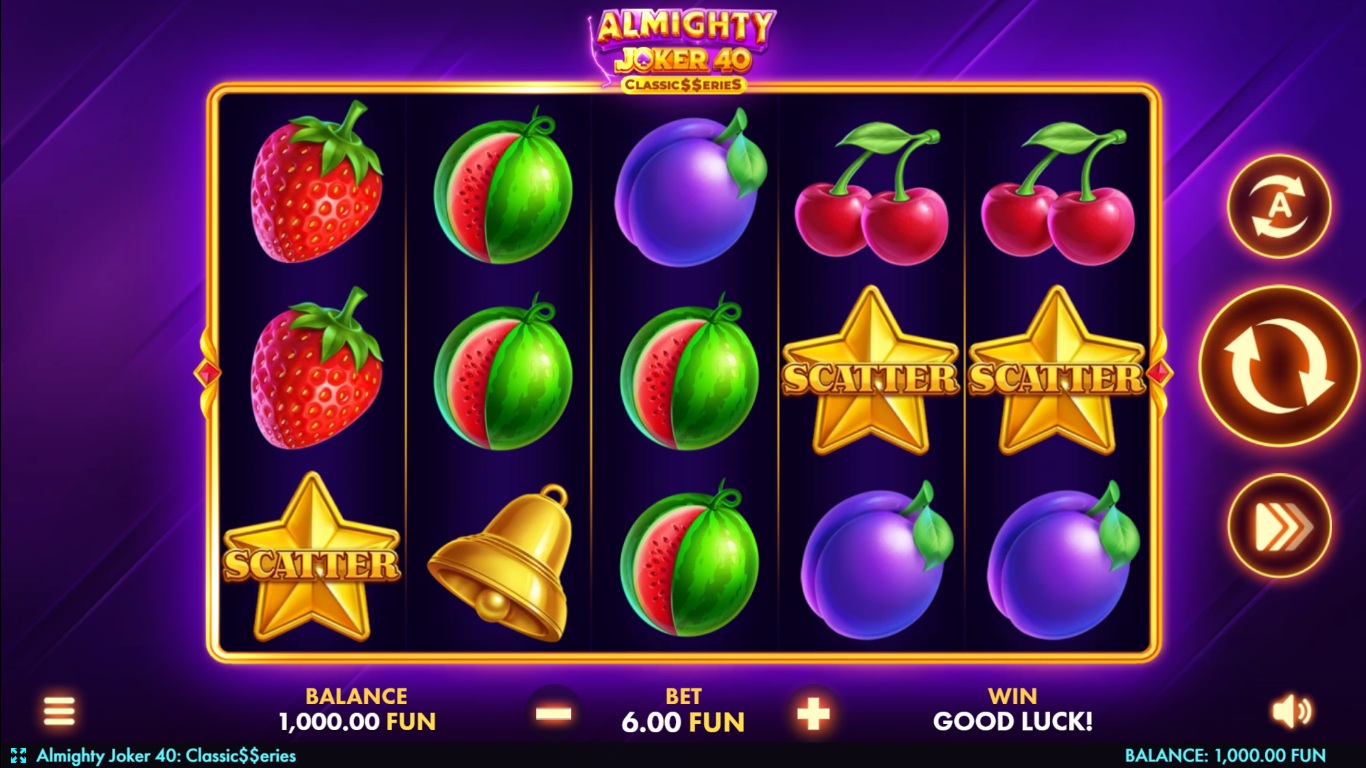 Almighty Joker 40 slot gameplay with fruit and Joker symbols