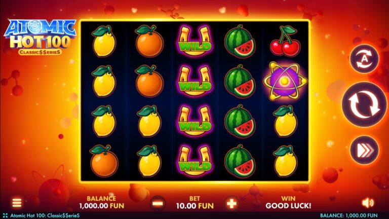 Atomic Hot 100 slot gameplay with fruit on five reels and four rows