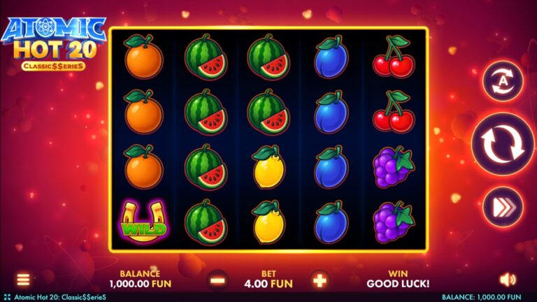 Atomic Hot 20 slot gameplay with fruit on five reels and four rows