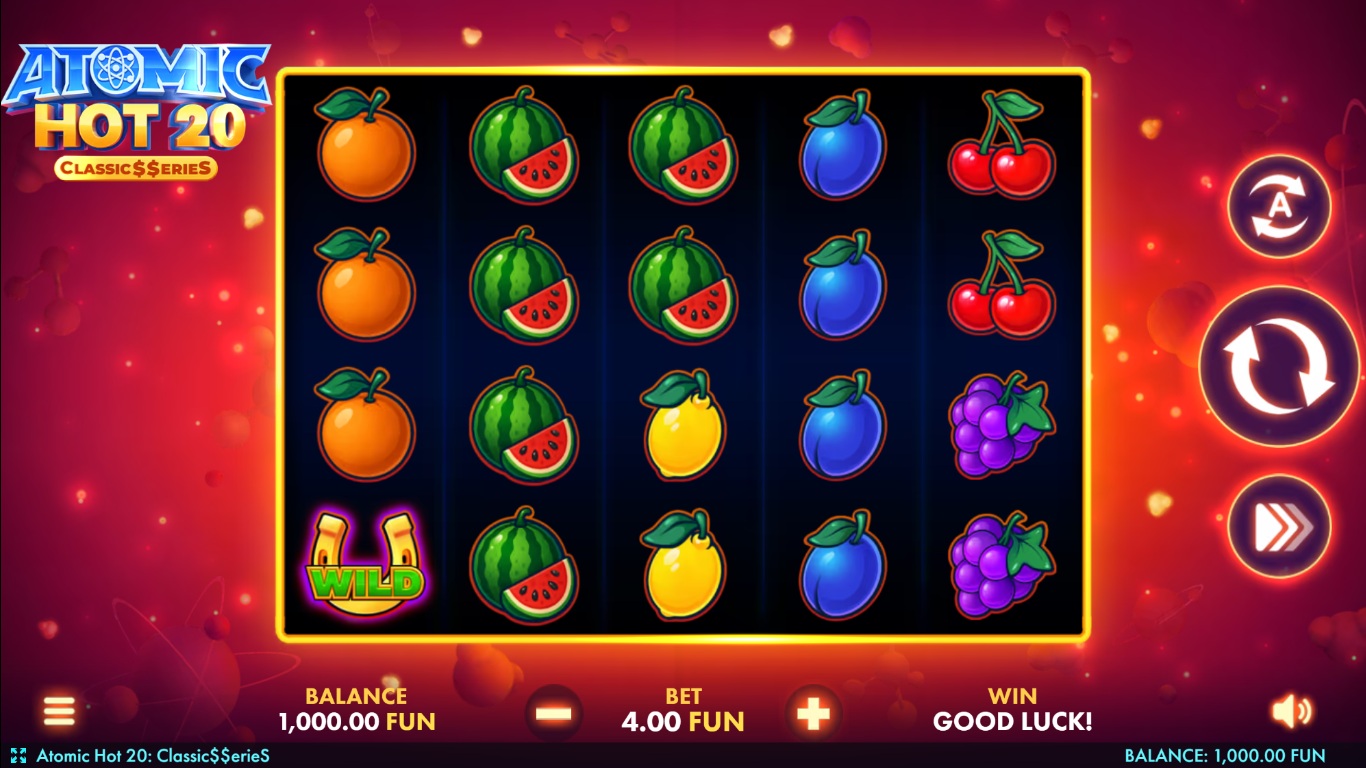 Atomic Hot 20 slot gameplay with fruit on five reels and four rows