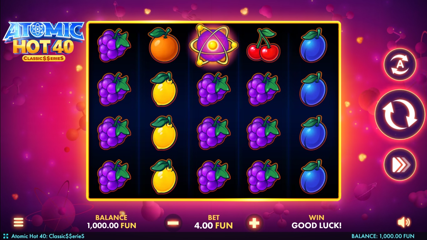 Atomic Hot 40 slot gameplay with fruit on five reels and four rows