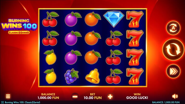 Burning Wins 100 gameplay with fruit symbols on five reels and four rows