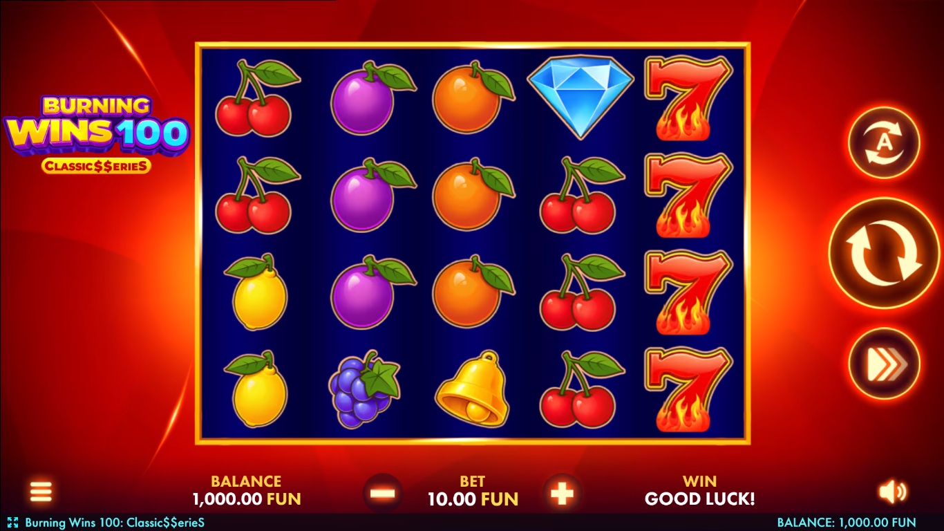 Burning Wins 100 gameplay with fruit symbols on five reels and four rows