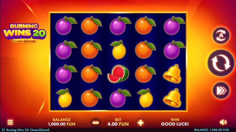 Burning Wins 20 gameplay showing a four-row fruit reel screen