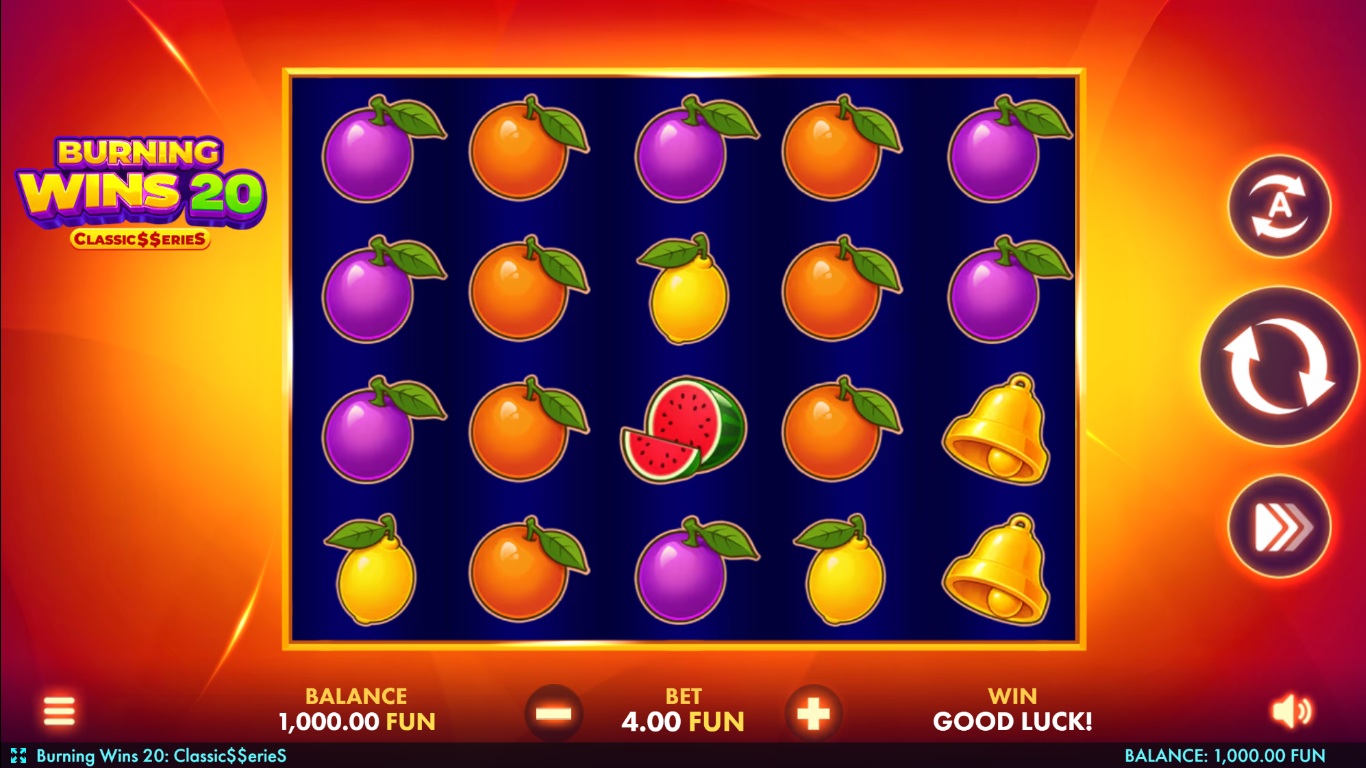 Burning Wins 20 gameplay showing a four-row fruit reel screen