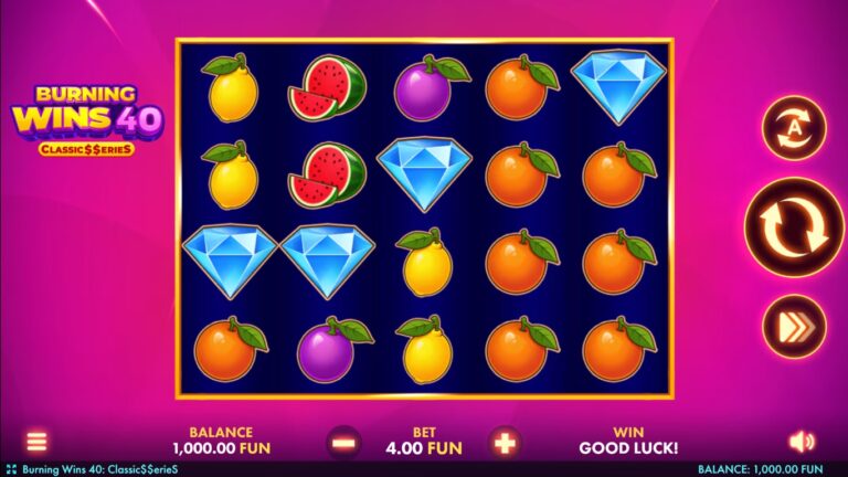 Burning Wins 40 gameplay with fruit and Crown symbols across four rows