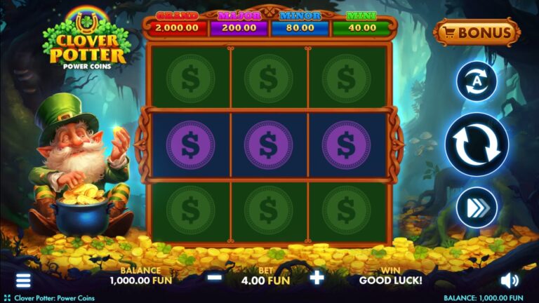 Clover Potter Power Coins gameplay on a three-by-three coin board