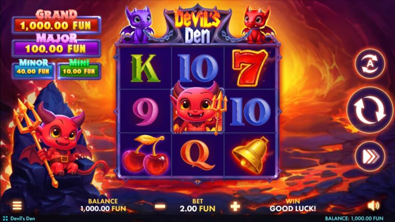 Devils Den gameplay with a devil symbol and volcanic three-reel board
