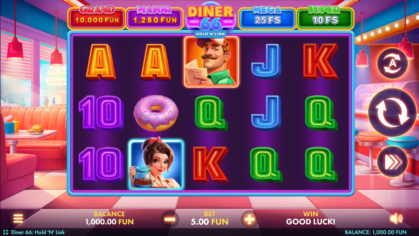 Diner 66 gameplay showing diner-themed symbols on five reels