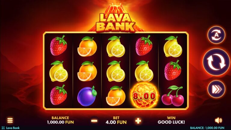 Lava Bank gameplay with fruit symbols and a fiery prize board