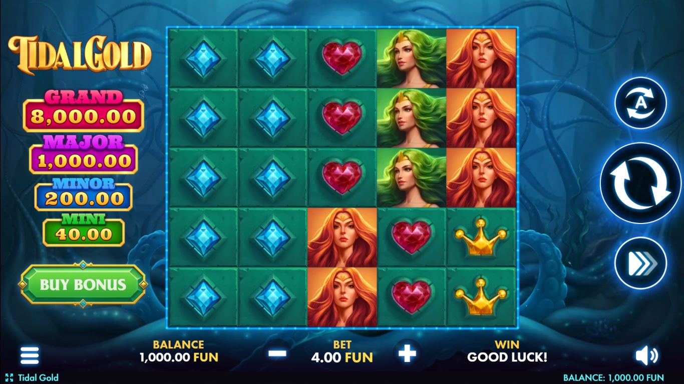 Tidal Gold gameplay on a five-by-five underwater reel screen