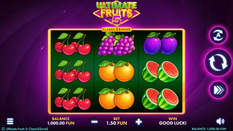 Ultimate Fruits 5 gameplay on a purple three-reel fruit cabinet