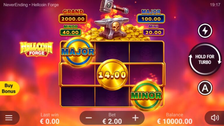 Hellcoin Forge gameplay with a fiery three-by-three coin grid