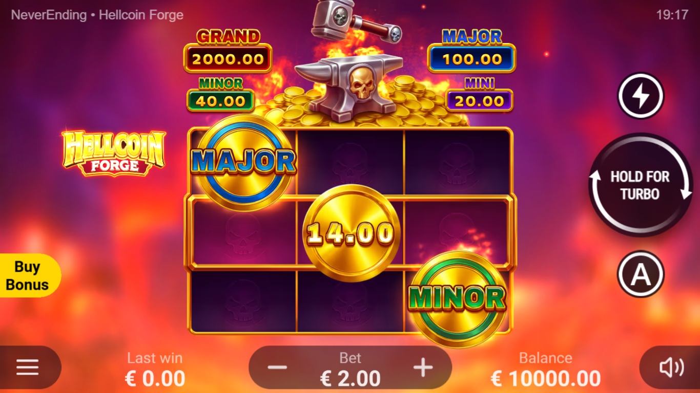 Hellcoin Forge gameplay with a fiery three-by-three coin grid