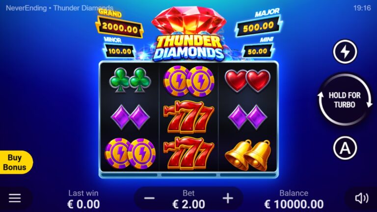 Thunder Diamonds gameplay on a three-reel diamond grid