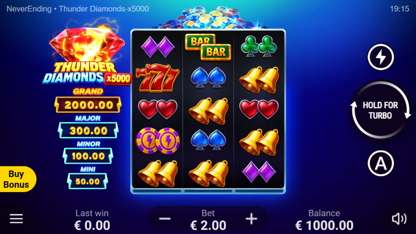 Thunder Diamonds x5000 gameplay on a tall diamond grid