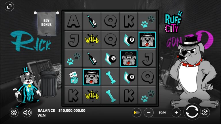 Ruff City gameplay with cat dog and Wild symbols on a five-by-five grid