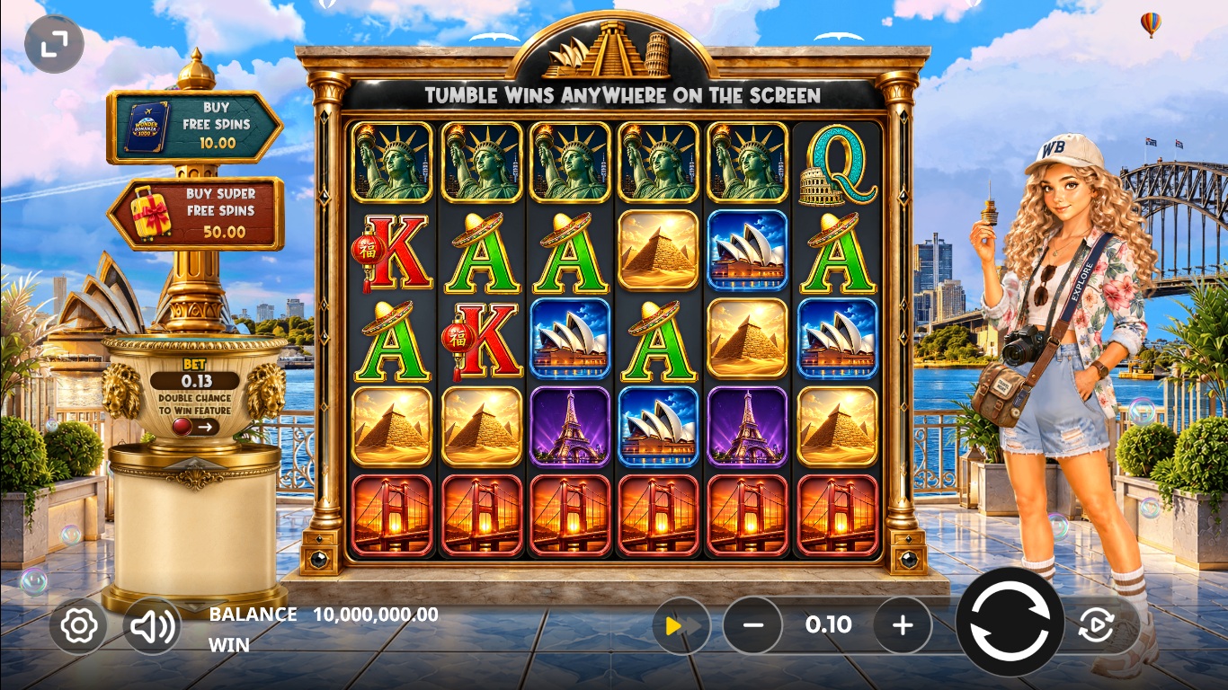 Wonder Bonanza 1000 gameplay with world landmarks on six reels