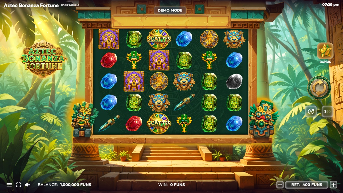 Aztec Bonanza Fortune gameplay with temple symbols on a six-by-five grid