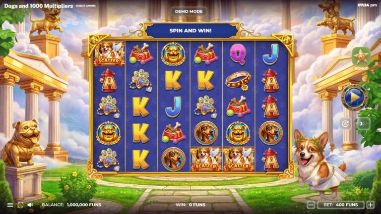 Dogs and 1000 Multipliers slot gameplay with symbols on a 6x5 board