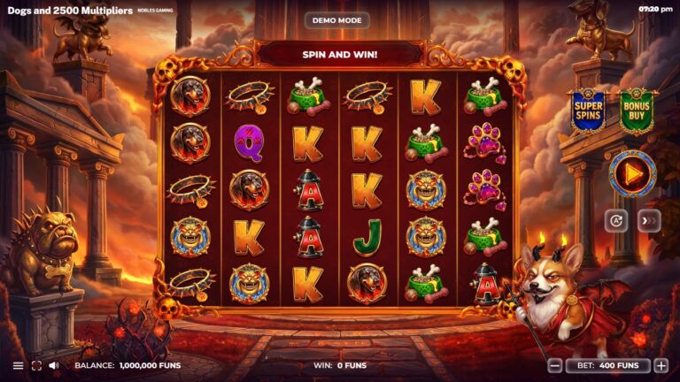 Dogs and 2500 Multipliers slot gameplay with symbols on a 6x5 board