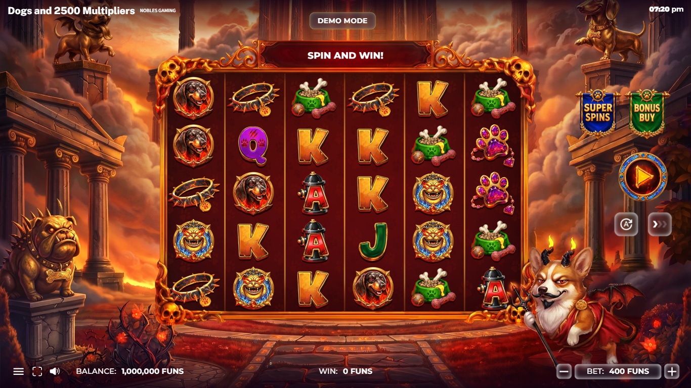 Dogs and 2500 Multipliers slot gameplay with symbols on a 6x5 board