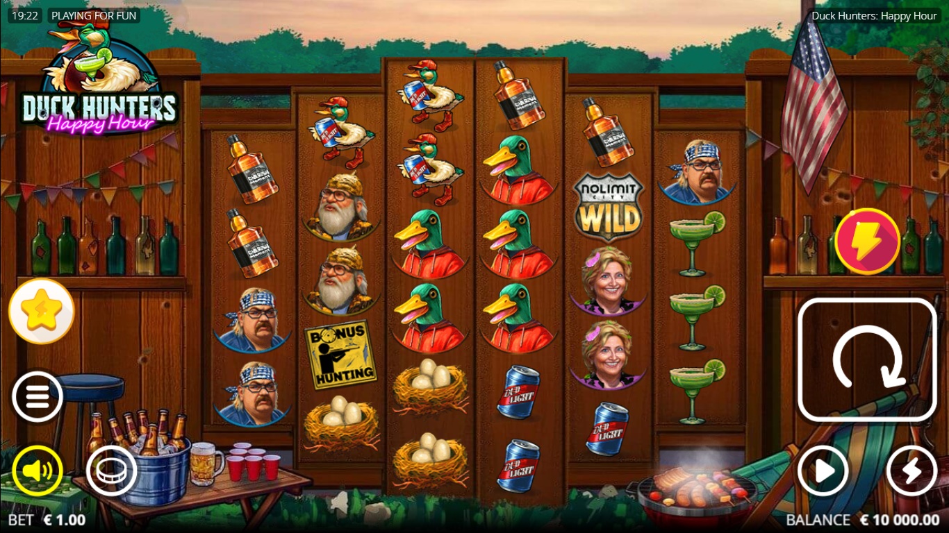 Duck Hunters: Happy Hour slot gameplay with symbols on a 4-5-6-6-5-4 board