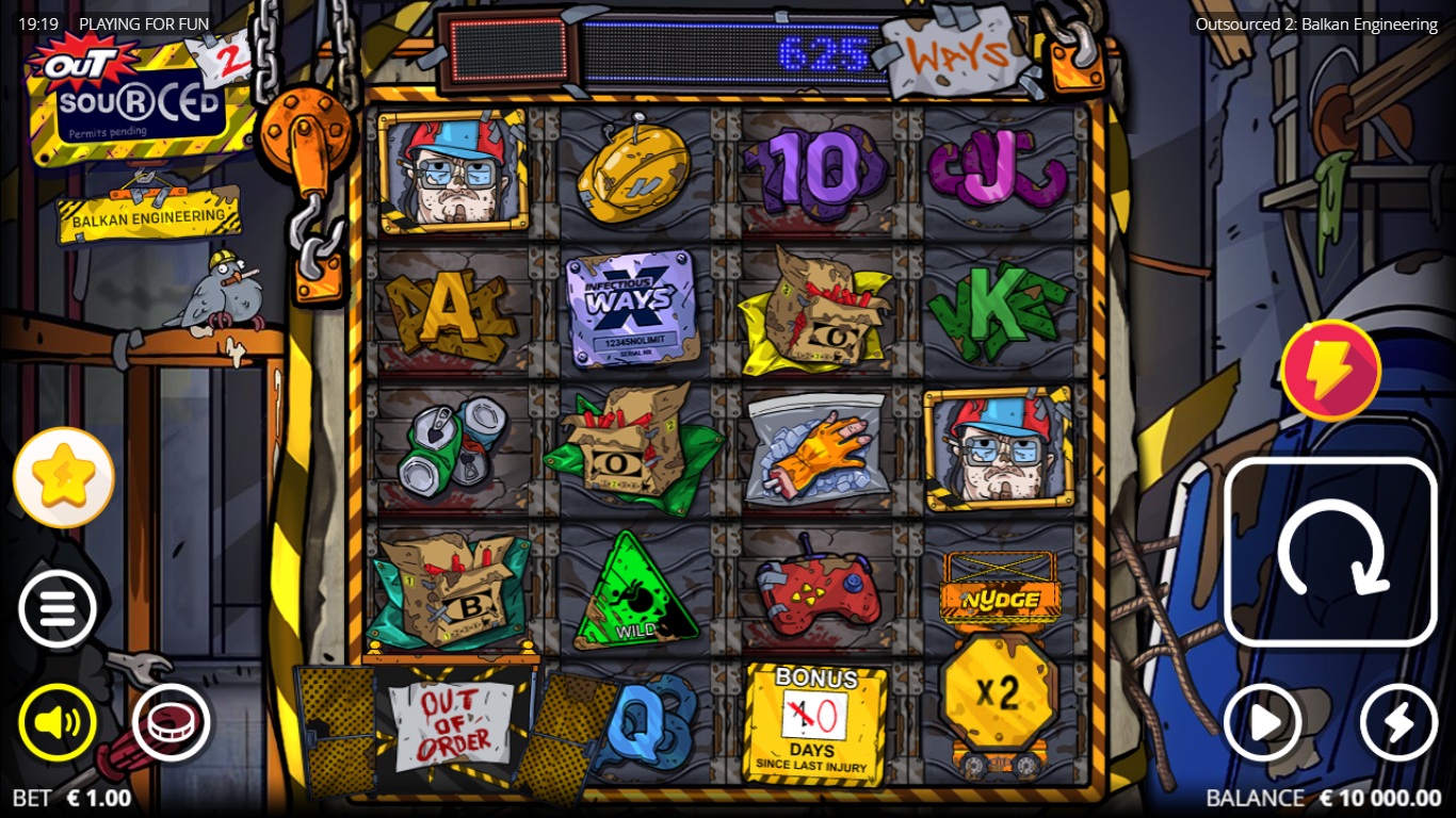 Outsourced 2 slot gameplay with symbols on a 5-5-5-5 board