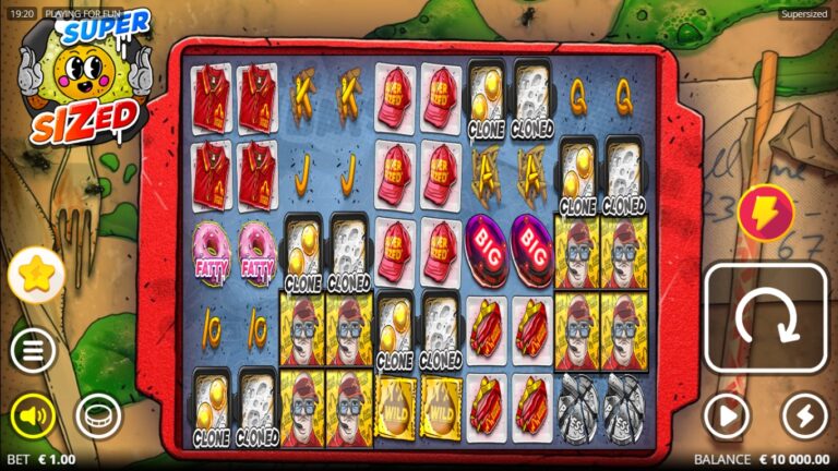 Supersized slot gameplay with symbols on a 5x5 board
