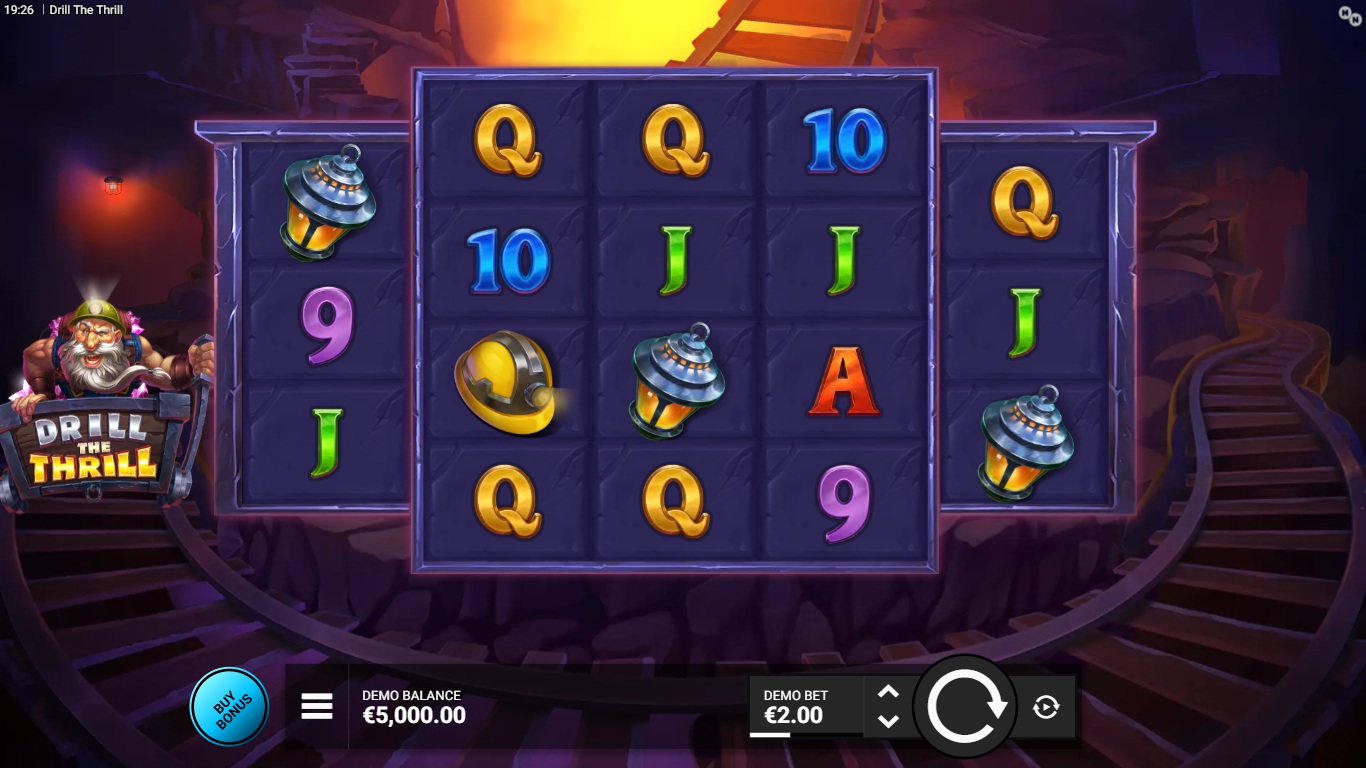 Drill The Thrill slot gameplay with symbols on a 3-4-4-4-3 board