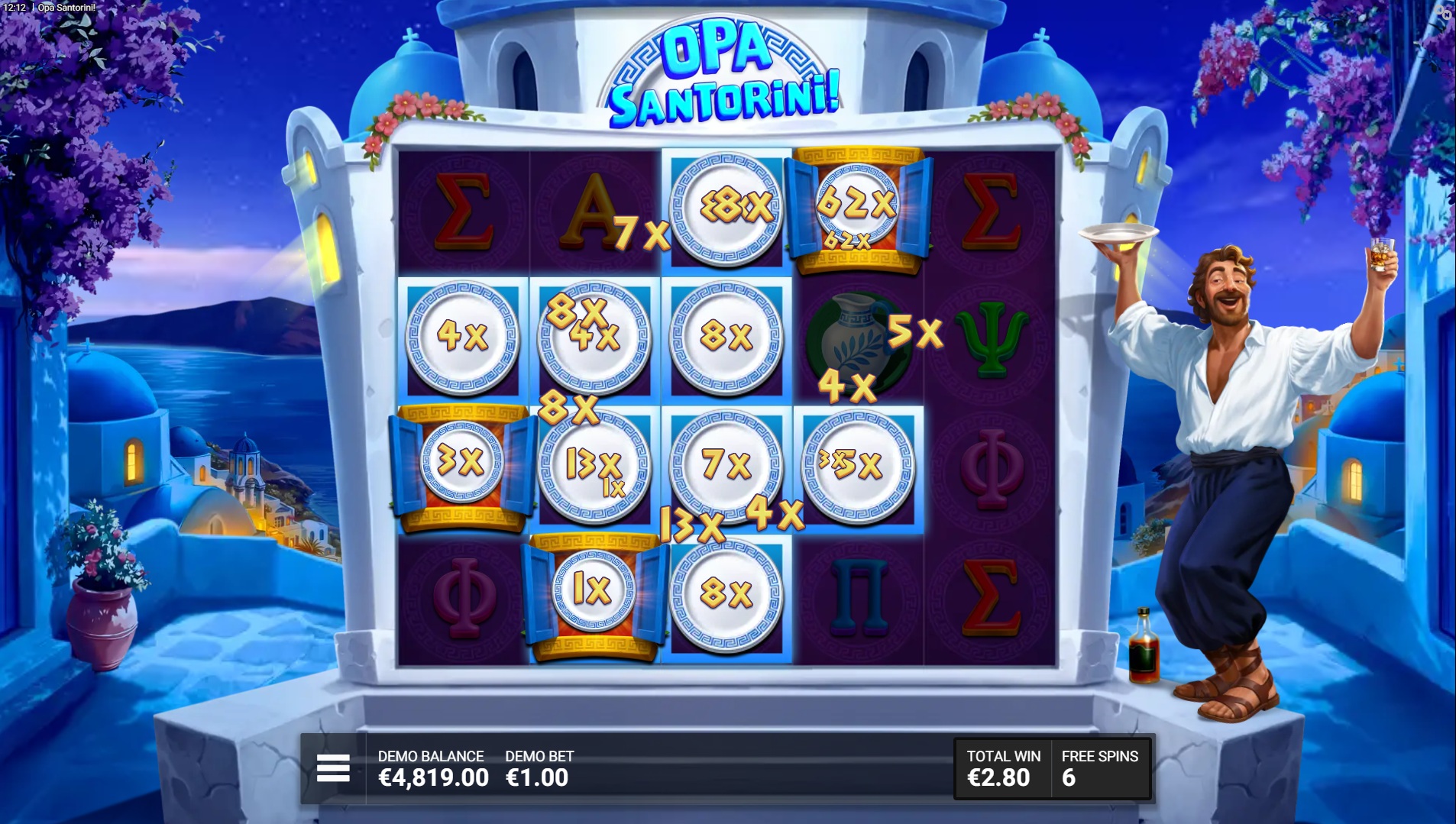 Opa Santorini! slot gameplay with symbols on a 5x4 board