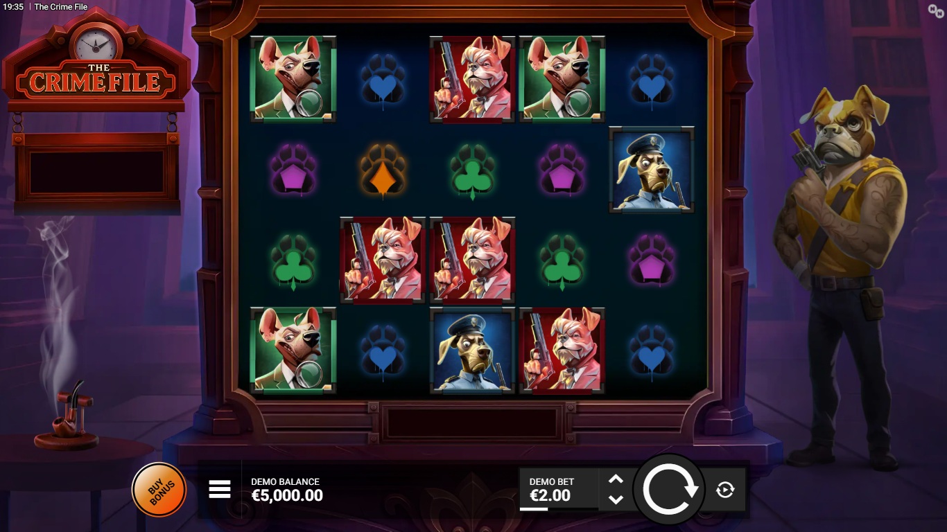 The Crime File slot gameplay with symbols on a 5x4 board