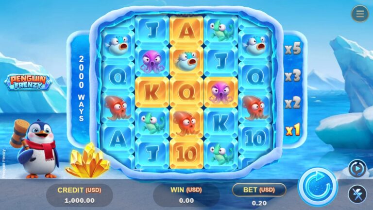 Penguin Frenzy slot gameplay with symbols on a 4-5-5-5-4 board