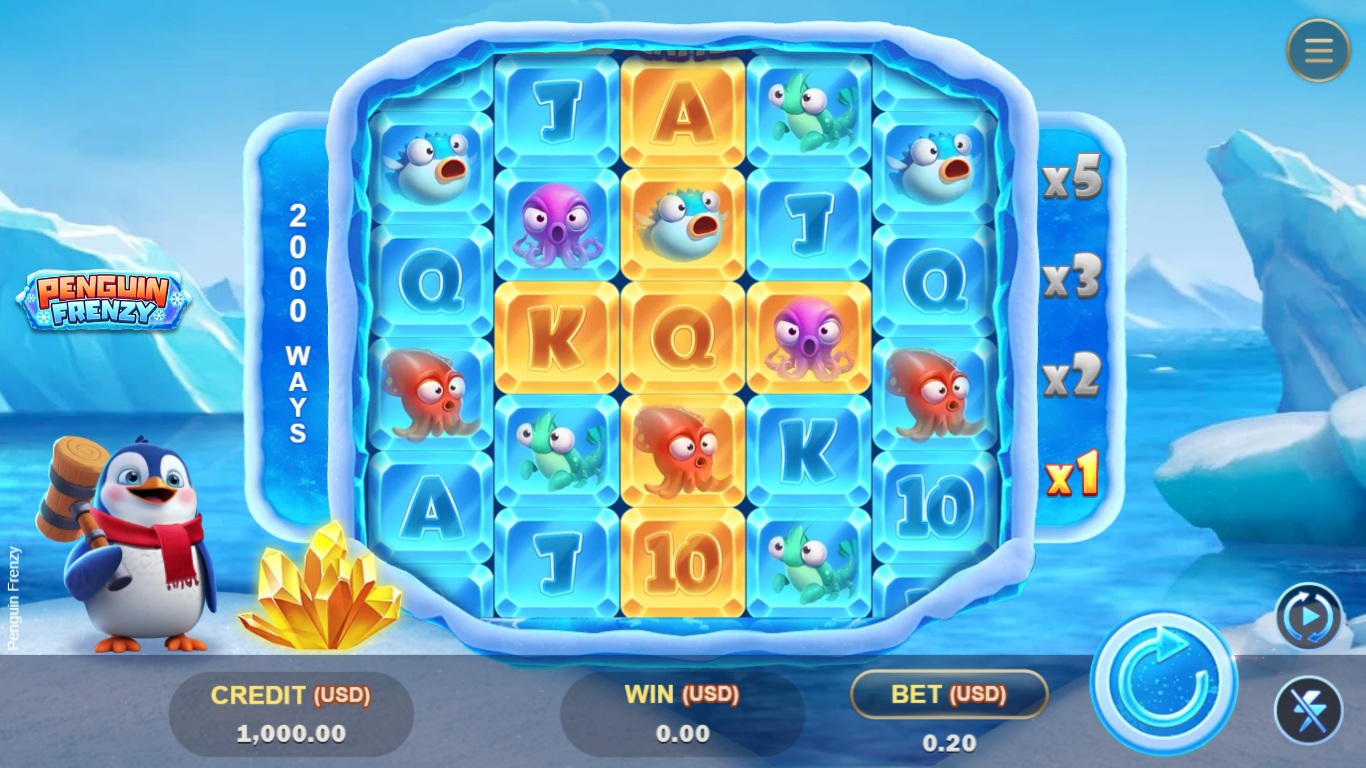 Penguin Frenzy slot gameplay with symbols on a 4-5-5-5-4 board