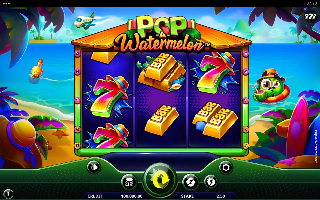 Pop-a-Watermelon slot gameplay with symbols on a 3x3 board