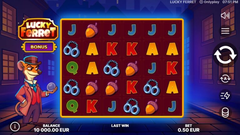 Lucky Ferret slot gameplay with symbols on a 6x5 board