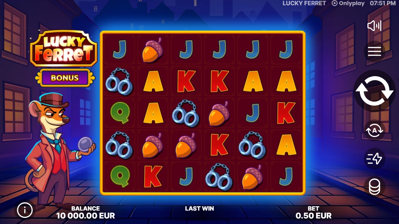 Lucky Ferret slot gameplay with symbols on a 6x5 board