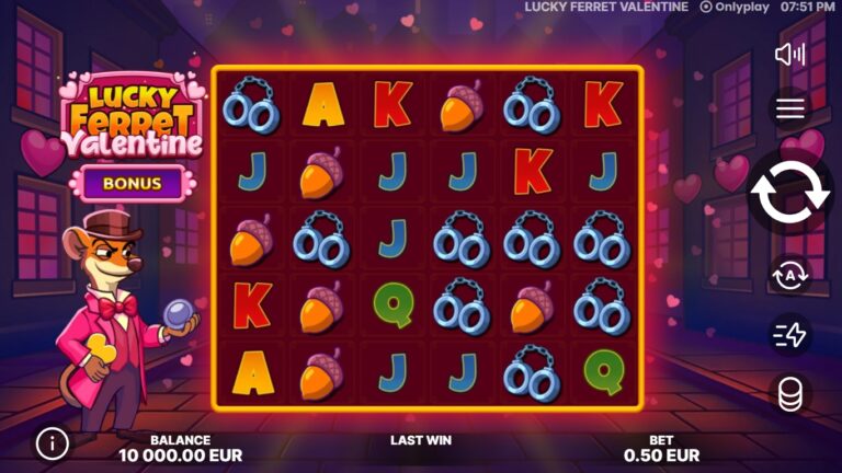 Lucky Ferret Valentine slot gameplay with symbols on a 6x5 board