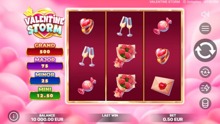 Valentine Storm slot gameplay with symbols on a 3x3 board