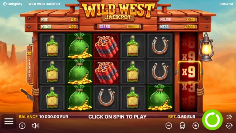 Wild West Jackpot slot gameplay with symbols on a 5x3 board