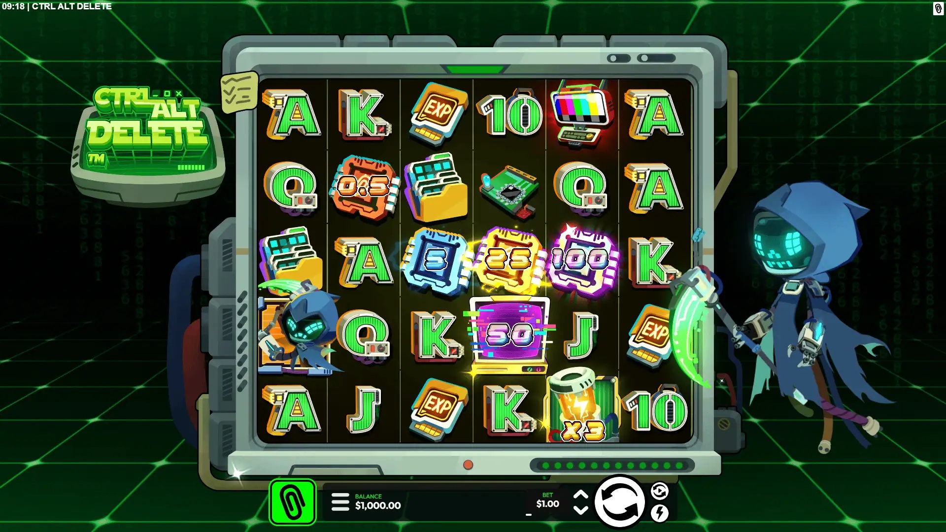 CTRL ALT DELETE slot gameplay with symbols on a 6x5 board