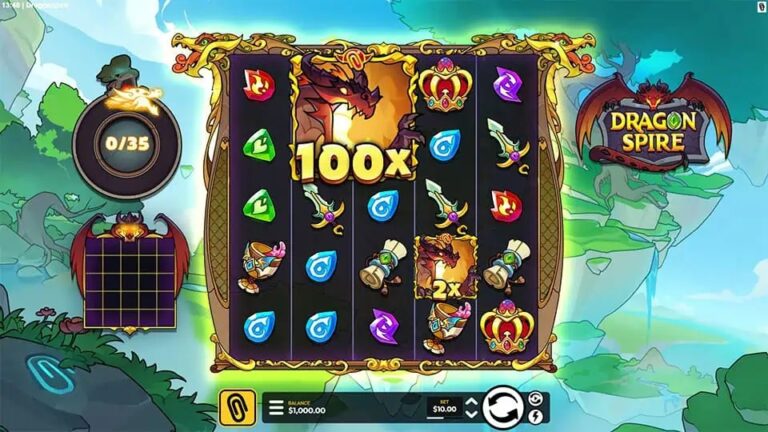 Dragonspire slot gameplay with symbols on a 5x5 board