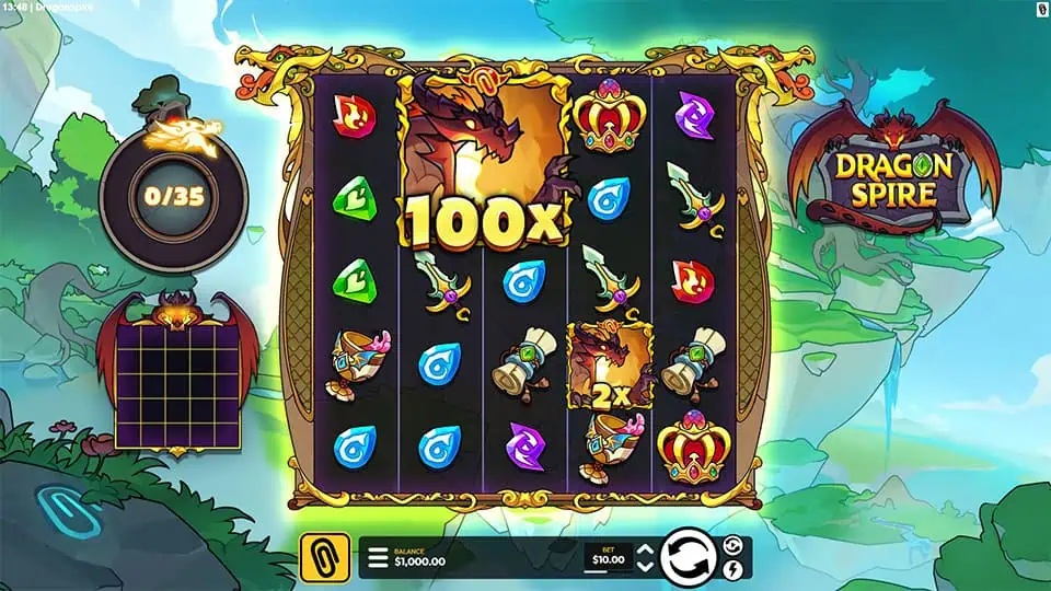 Dragonspire slot gameplay with symbols on a 5x5 board