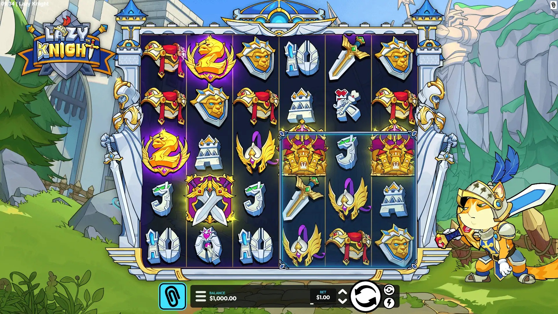 Lazy Knight slot gameplay with symbols on a 6x5 board