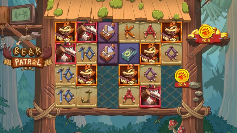 Bear Patrol slot gameplay with symbols on a 6x4 board