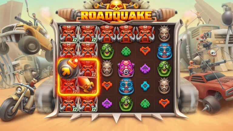 Roadquake slot gameplay with symbols on a 6x5 board