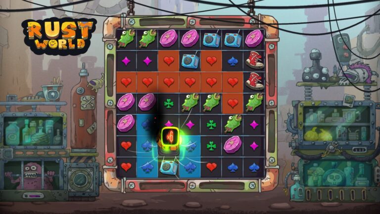 Rust World slot gameplay with symbols on a 7x7 board