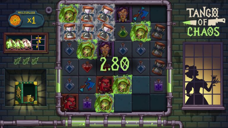 Tango of Chaos slot gameplay with symbols on a 6x6 board