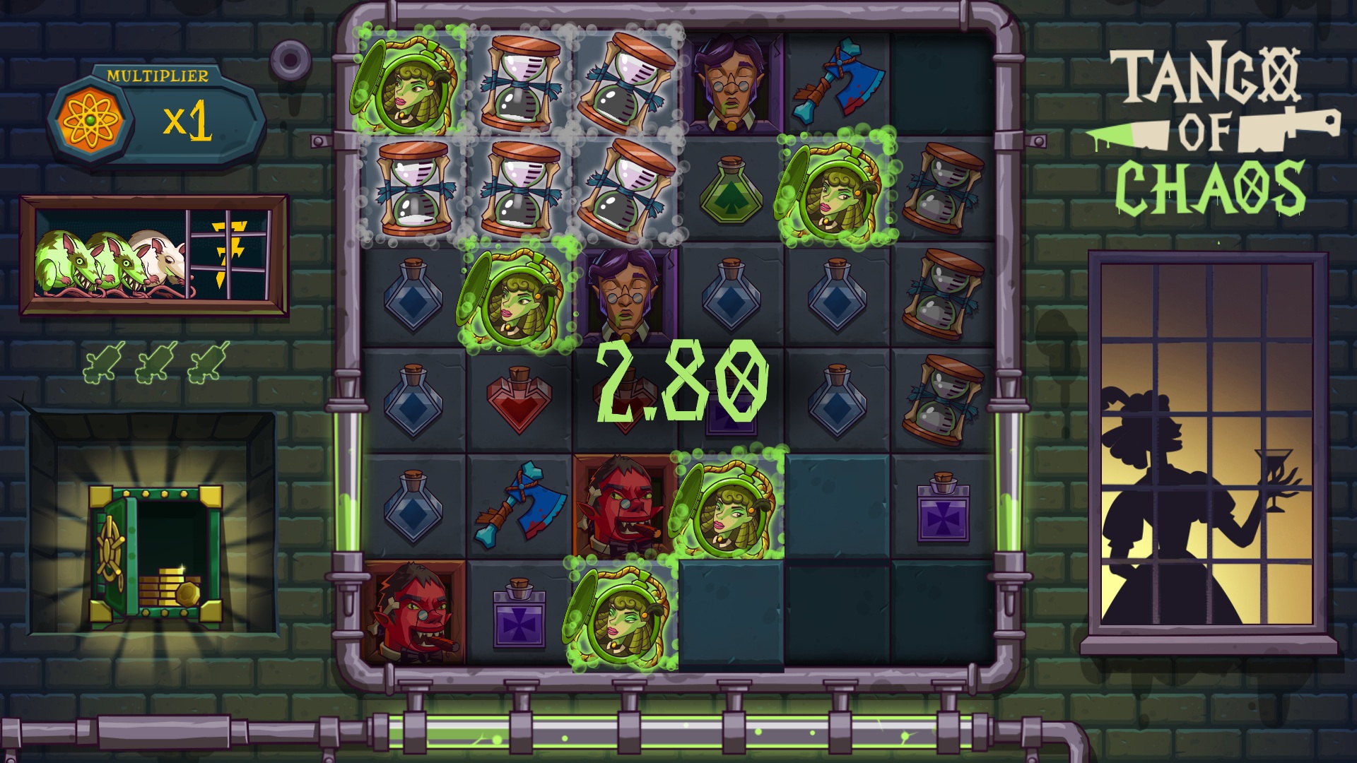 Tango of Chaos slot gameplay with symbols on a 6x6 board